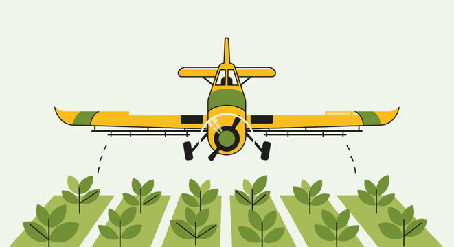A yellow crop duster aircraft spraying plants in a field with green foliage