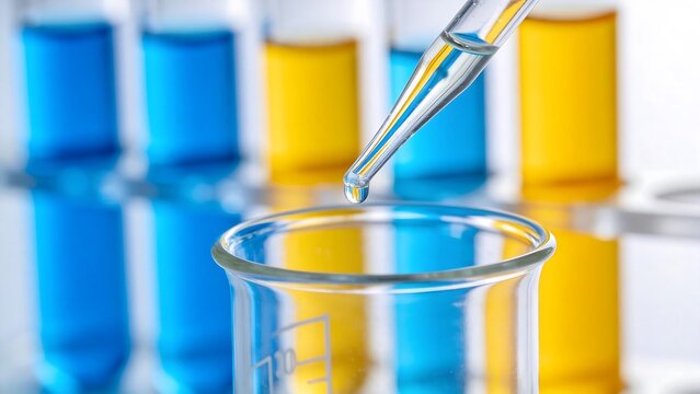 Laboratory glassware with colored liquids