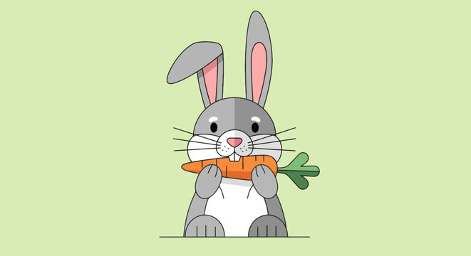 A cartoon rabbit, holding a carrot in its mouth, stands on a green background