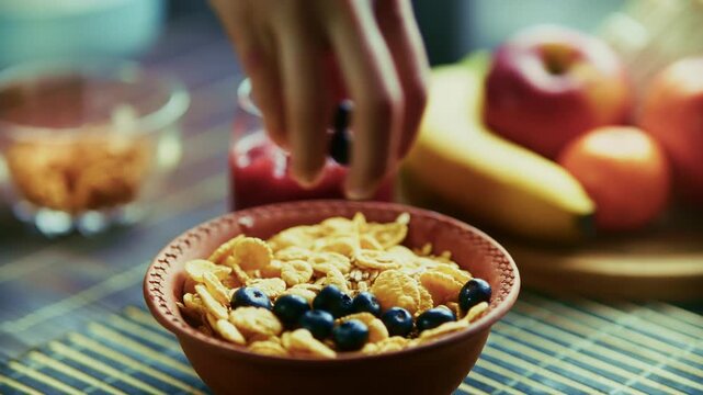 Preparing Breakfast With Cornflakes And Blueberries. Morning Nutrition With Fruits