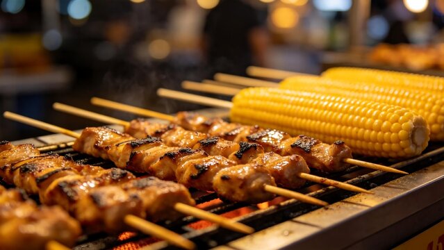 Grilled meat and corn on skewers