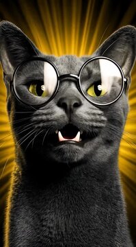 Un gato gris con gafas de montura redonda y expresi&oacute;n de terror.
