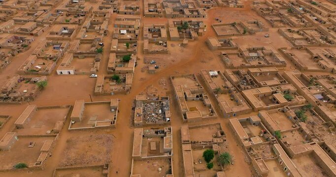 Above View Of Stone Buildings In Ouadane Town In Central Mauritania. Aerial Shot