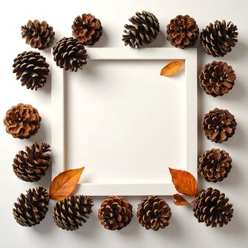 A white square frame surrounded by pinecones and orange leaves