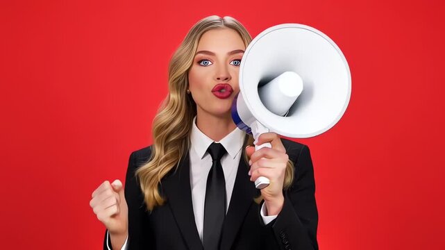 Businesswoman with Megaphone Expressing Emotions on Red Background
