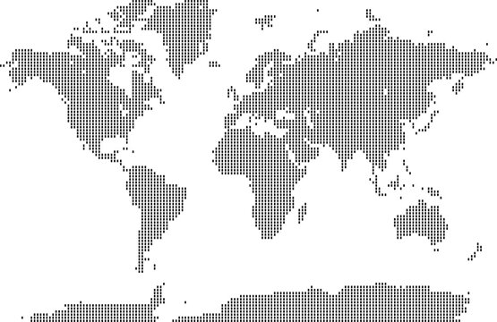 A minimalist black and white world map composed of a grid of tiny square pixels on a white field