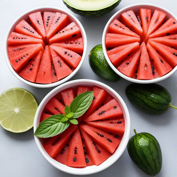 trozos o rajas de sandia con gotas de agua, fruta saludable y fresca para una dieta saludable y para la sed del verano