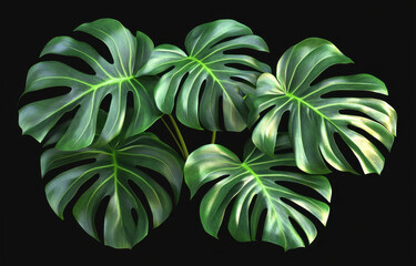 Fototapeta premium Lush green leaves of tropical plant display intricate patterns and vibrant colors, creating striking visual against dark background. large, glossy foliage evokes sense of tranquility and natural
