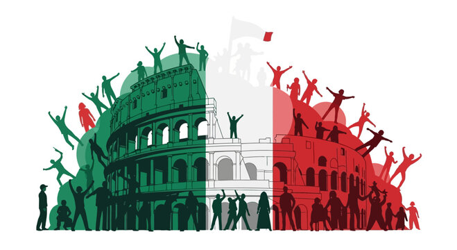 Colosseum Silhouette Italian Flag People.