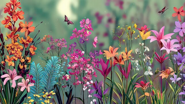 Vibrant Meadow Alive With Colorful Wildflowers And Delicate Butterflies Under Soft Natural Light A Detailed Close Up Botanical Scene With A Gentle Bokeh Background