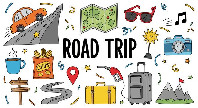 Embark on an adventure with this fun and vibrant collection of hand-drawn road trip icons, perfect for capturing the spirit of travel and exploration