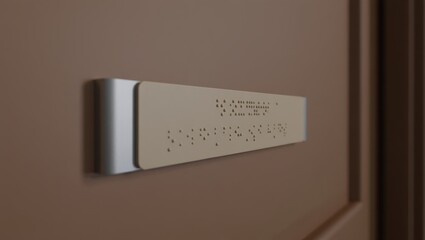 Tactile door sign with Braille mounted on brown doorway for accessibility