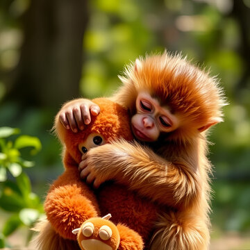 Punch the Monkey, Punch a Baby Japanese macaque monkey hugging and resting on a brown plush toy orangutan outdoors in warm sunlight