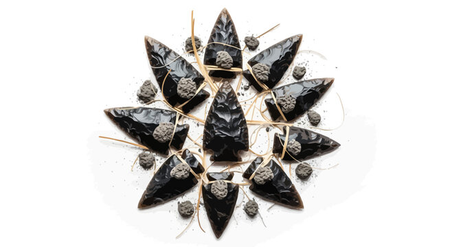 A symmetrical arrangement of obsidian arrowheads with scattered stones and straw on white