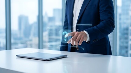 Naklejka premium Businessman touching a futuristic holographic question mark interface