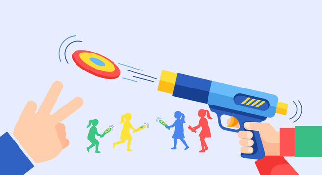 Cartoon depiction of kids playing with frisbees and a toy gun, with a hand signaling peace