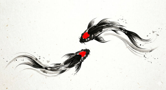 Two Japanese Koi fish swimming in traditional Sumi-e ink painting style with red accents.
