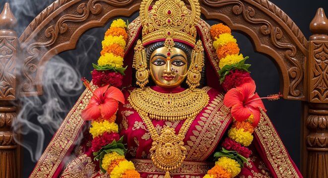 Tarapith Rath Yatra, Close-up shot of the Goddess Tara idol adorned in deep crimson silk and intricate gold ornaments, nestled within a hand-carved wooden chariot