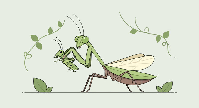 A stylized cartoon illustration of a praying mantis holding a smaller one