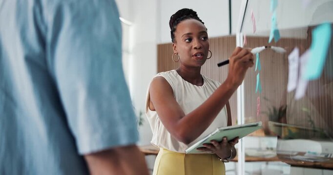 Design, tablet and business woman writing on a board for brainstorming ideas, planning or goal. Discussion, creative people and technology for notes on project, scrum and problem solving in office