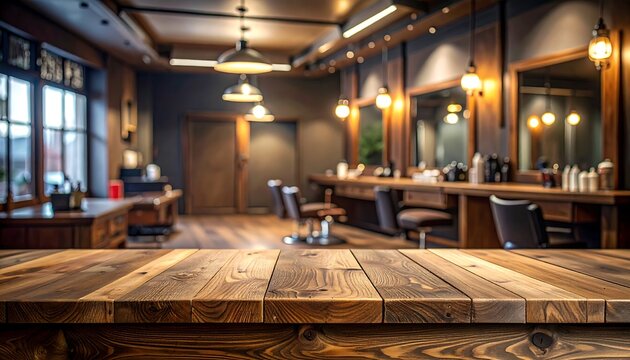 A wooden table in a blurred barber shop interior (1)