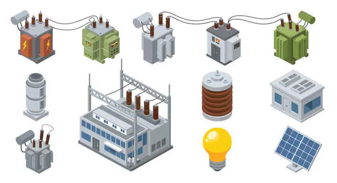 Isometric illustration of electrical substations power lines and energy components
