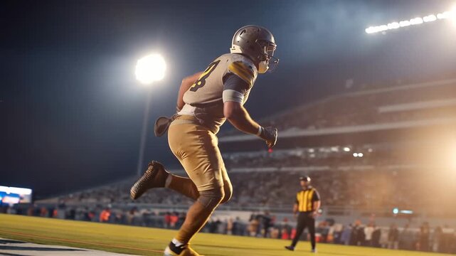Ultra HD Powerful sports action shot featuring a football running back charging forward through dirt and dust with a spectacular golden hour sky and stadium lights in the background Video.