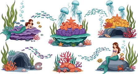 Cute Mermaid Underwater Scene Collection with Coral Reefs, Jellyfish, Seaweed, Rocks, and Ocean Fantasy Marine Life ElementsCute Mermaid Underwater Scene Collection with Coral Reefs, Jellyfish, Seawee © Md