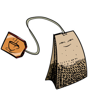 Hand drawn tea bag illustration with cute smiley face, vintage vector style