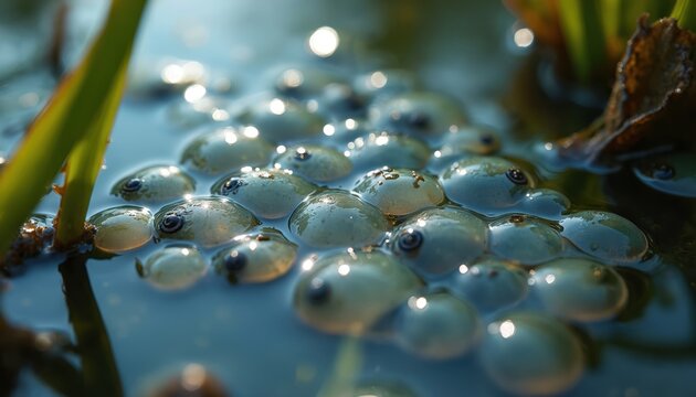 Close up view of frog eggs cluster developing into tadpoles. Tiny developing embryos float in still pond water. New life cycle begins in fresh water.