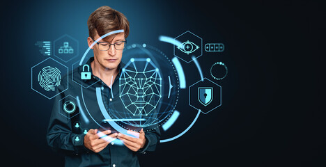 A person using a phone with glowing facial recognition graphics in digital style on a dark background concept of security control