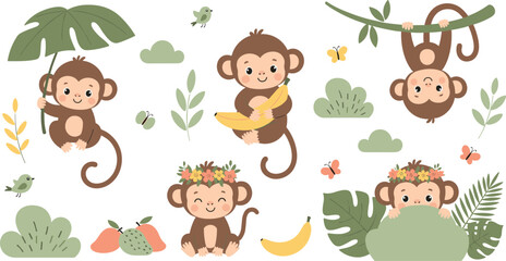Cute monkey character collection with jungle animals holding bananas hanging from vines and tropical forest leaves for kids design.Cute monkey character collection with jungle animals holding bananas  © Md