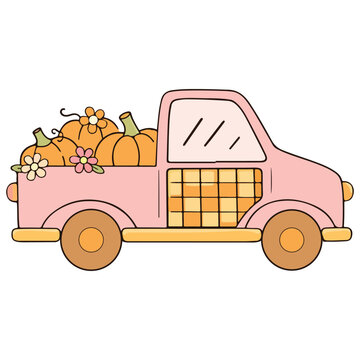 Retro Pink Fall Pickup Truck illustration, Groovy Autumn Clipart, Cute Retro Fall Design, Cozy Groovy Kawaii Fall character Graphic