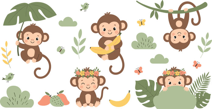 Cute monkey character collection with jungle animals holding bananas hanging from vines and tropical forest leaves for kids design.Cute monkey character collection with jungle animals holding bananas 