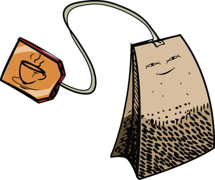 Hand drawn tea bag illustration with cute smiley face, vintage vector style