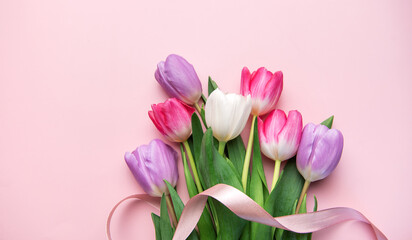 Obraz premium Tulip bouquet on pink background with ribbon celebrating spring