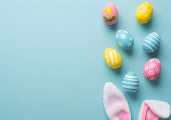 Fototapeta premium A collection of colorful decorative easter eggs with fluffy bunny ears on a light blue background