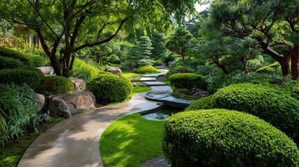 Fototapeta premium Serene Japanese garden with manicured topiaries, winding stone path, and a small stream. Ideal for tranquility, landscaping, wellness, and nature themes.