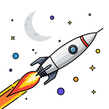 Cartoon Rocket Ship Launching into Space with Moon and Stars
