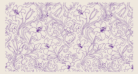 Obraz premium floral seamless pattern, vintage flower background, hand drawn botanical texture, ornamental wallpaper design, elegant line art flowers, decorative repeat pattern, classic floral illustration