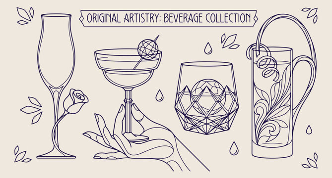 cocktail beverage illustration, drink line art set, bar glass doodle collection, alcohol drink vector, hand drawn cocktail icons, party beverage sketch, vintage drink clipart
