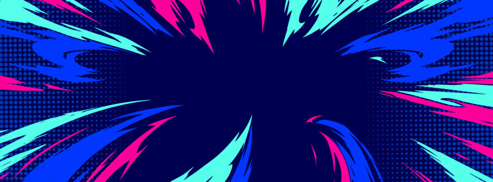 Modern abstract graffiti background of fast lightning comic explosion effects in neon colors.
