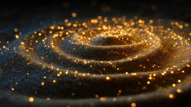 Golden spirals glow softly against deep, textured darkness