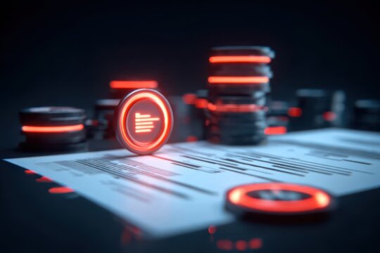 A minted coin sits on a ledger for a payable rent, awaiting reconciliation of a transfer to adjust the balance and clear the debit.