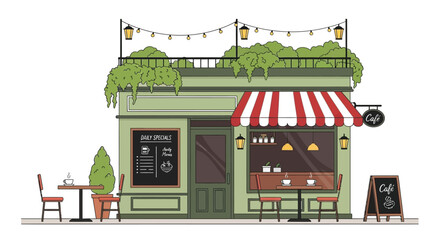 Charming cafe building with a striped awning and outdoor seating area © LUNEX