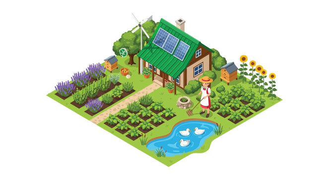 A charming isometric illustration depicts a sustainable rural homestead scene