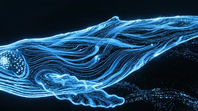 Futuristic Whale Animation with Blue Neon Lines.