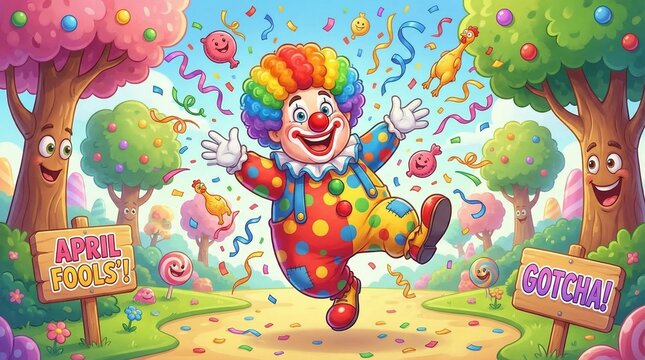 A colorful clown jumping in the air with confetti and streamers in a whimsical forest with trees and signs on a sunny day.