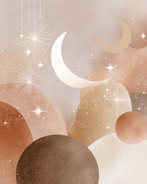 Abstract boho moon and stars beige clay tones background