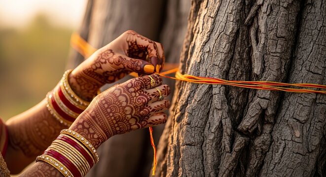 Vat Savitri Vrat, Close-up of a woman's hands with intricate henna patterns and gold bangles tying a red and yellow sacred thread (moli) around the thick, textured bark of an ancient Banyan tree